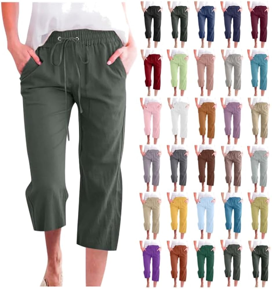 Capri Pants for Women Casual 2024 Summer Drawstring Elastic High Waist Linen Pants Wide Leg Plus Size Lounge Capris