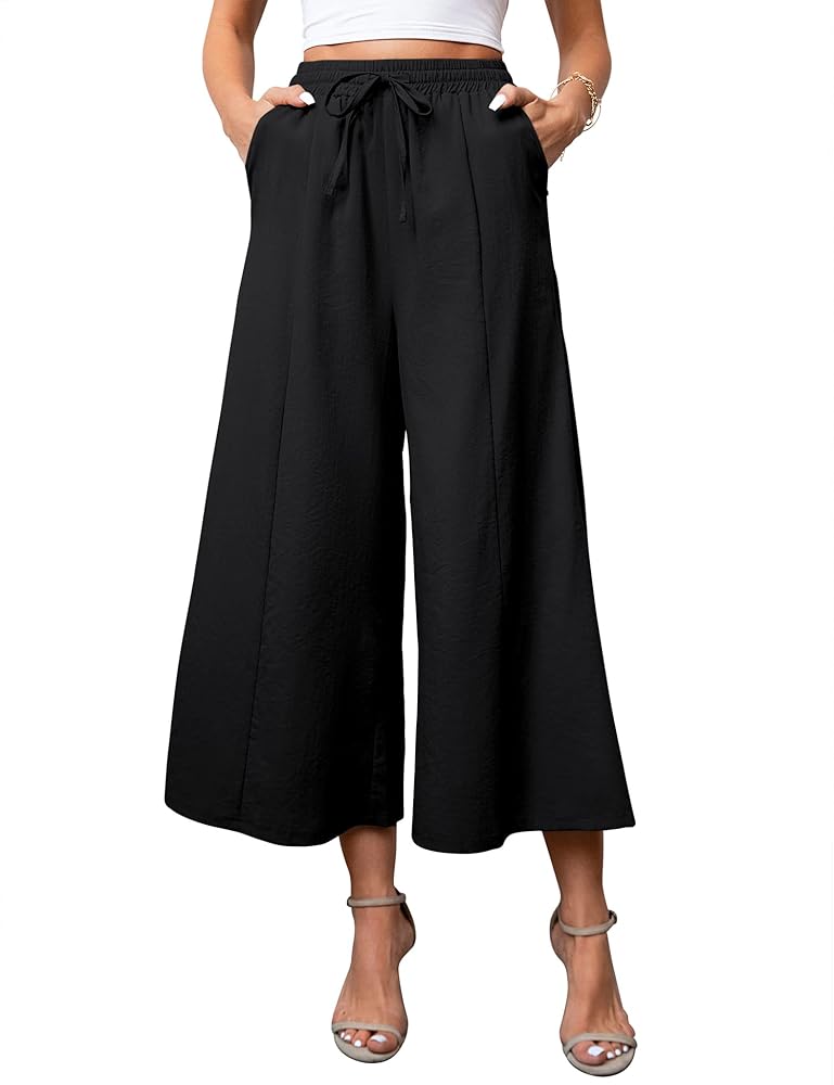 KTILG Women Linen Pants Palazzo Wide-Leg Drawstring Casual Loose Crop Elastic Waist Cotton Beach Pants Culottes Trousers