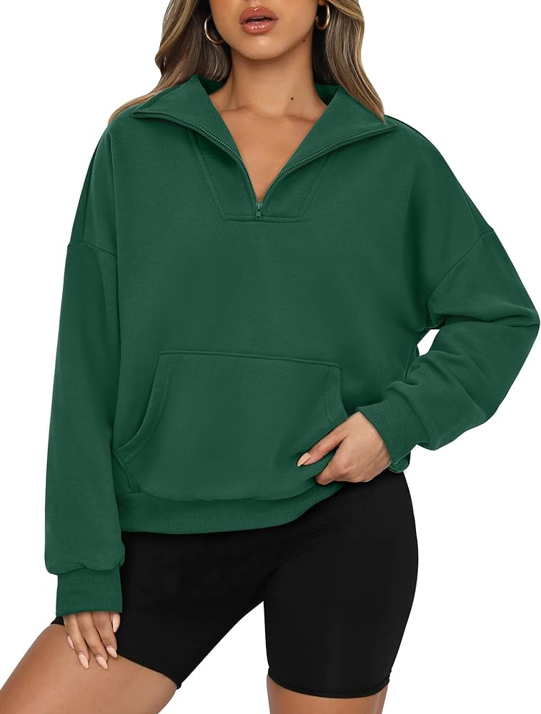 PRETTYGARDEN Womens Quarter Zip Long Sleeve Cropped Sweatshirt 2024 Fall Winter Casual V Neck Pullover Tops With Pockets