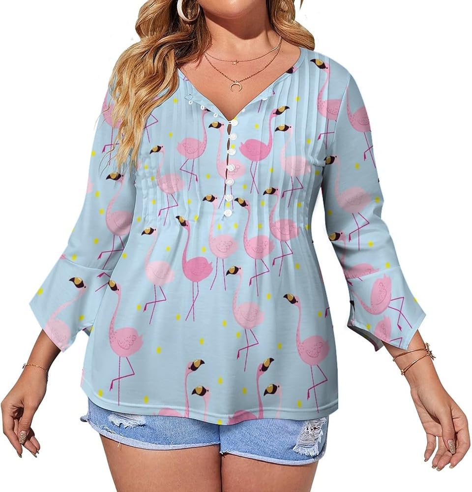 Pink Flamingo Pattern Cute Womens T-Shirts 3/4 Sleeve Button Down Tee Tops Blouse Summer Beach