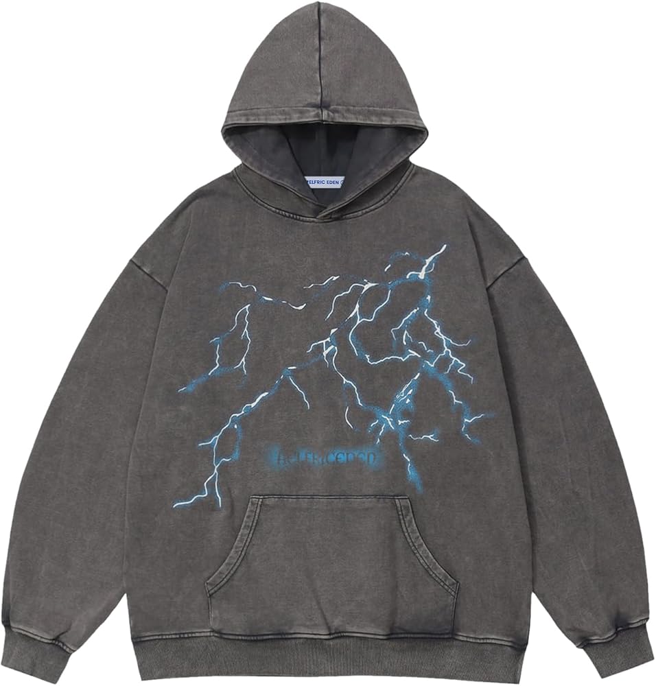 Aelfric Eden Men’s Graphic Hoodies Washed Lightning Streetwear Hooded Sweatshirt Pullover Hip Hop Fashion Hoodies Unisex