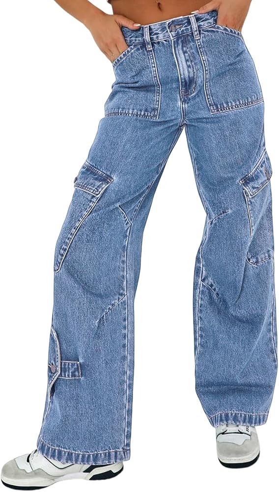 EVALESS Cargo Jeans for Women Trendy High Waistd Wide Leg Denim Pants Casual Baggy Cargo Pants with 6 Pockets