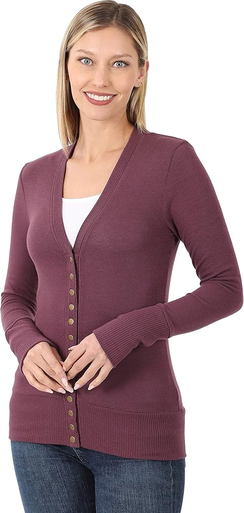 Zenana SNAP BUTTON SWEATER CARDIGAN with RIBBED DETAIL Eggplant S