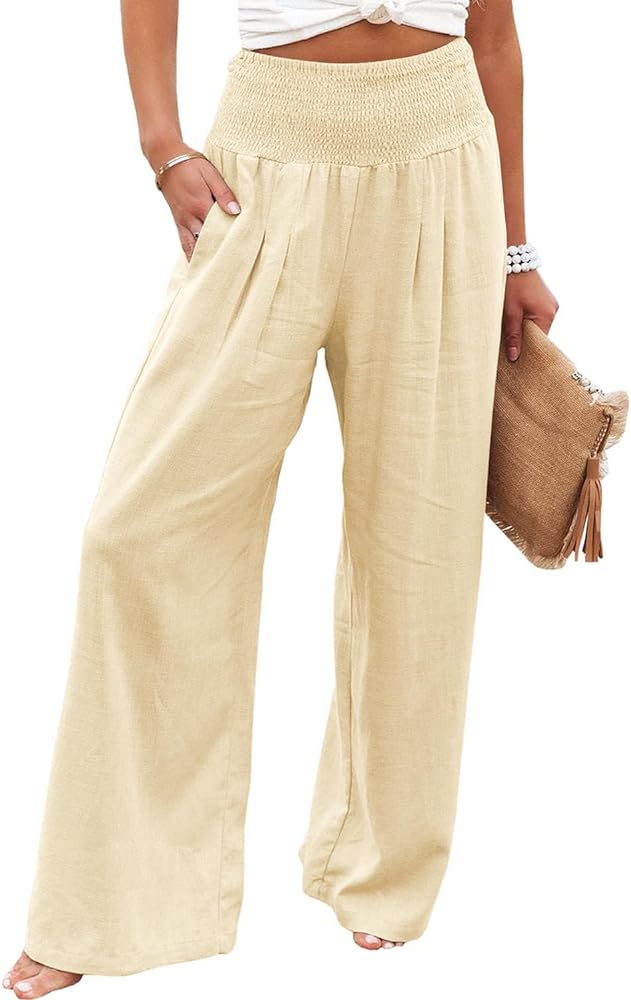 MYONE Women's Linen Wide Leg Pants Elastic High Waisted Palazzo Pants Lounge Yoga Trousers with Pockets