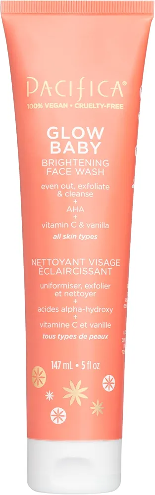 Pacifica Beauty Glow Daily Face Cleanser, Exfoliating, Vitamin C, AHA, Vanilla, For All Skin Types, Sulfate and Paraben Free, Vegan and Cruelty Free, 5 Oz