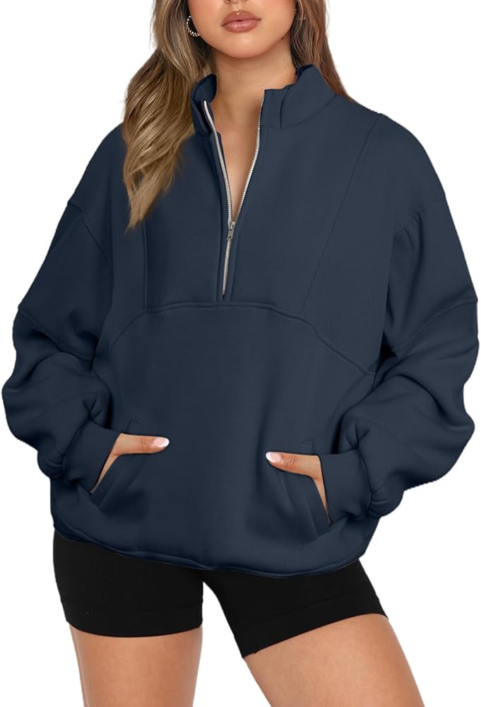 BLENCOT Women Half Zip Oversized Sweatshirts Long Sleeve Fleece Trendy Cropped Pullover Workout Warm Tops With Pockets S-2XL