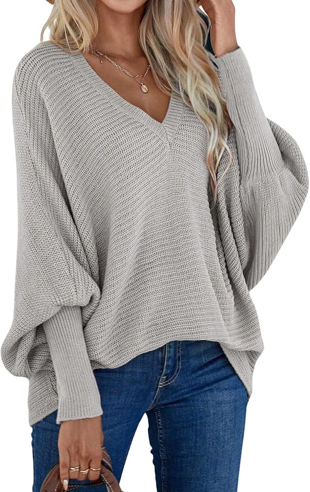 Verdusa Women's Oversized V Neck Long Batwing Sleeve Ribbed Knit Pullover Sweater