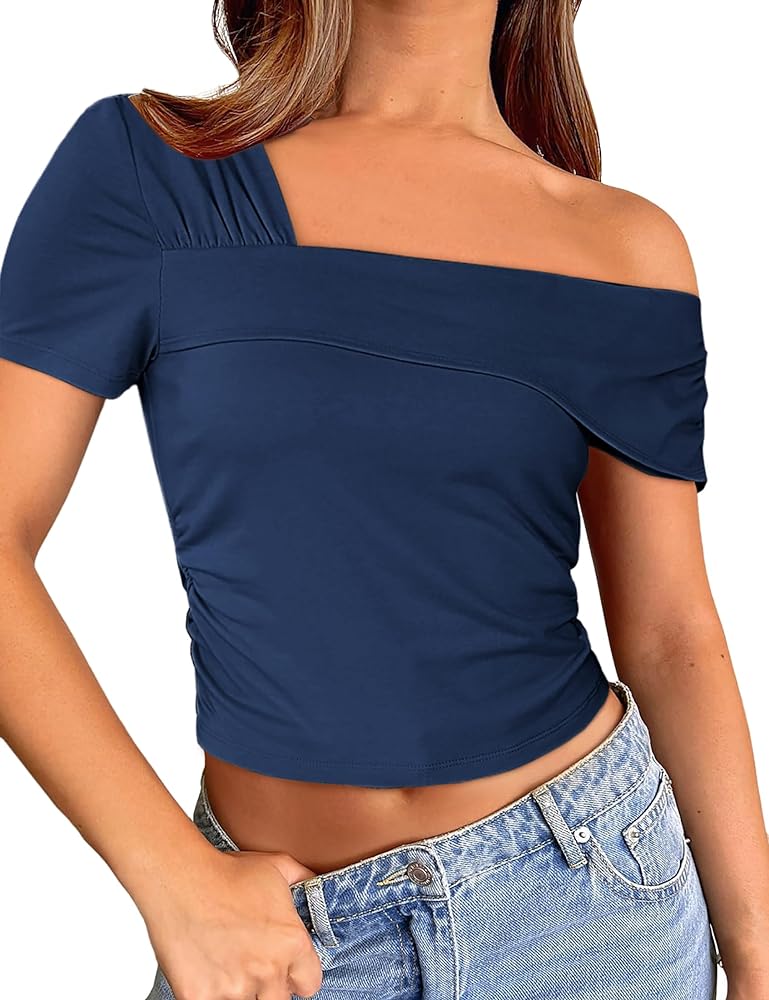 luvamia One Shoulder Tops for Women Trendy Summer Short Sleeves Blouses Off Shoulder Asymmetrical Going Out Top Stretchy