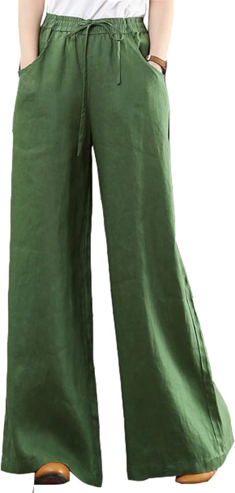 Hongsui Women's Cotton Linen Palazzo Pants Drawstring Waist Wide Leg Loose Trousers with Pockets(Green, Medium)