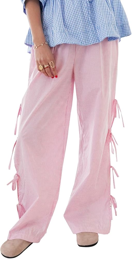 Owl's-Yard Women Y2K Gingham Print Pants Elastic Waist Dreawstring Wide Leg Trousers Striped Casual Lounge Pants with Pockets