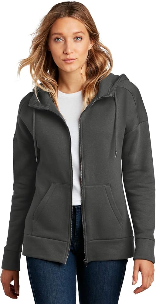 District Women Weight Fleece Drop Shoulder Full-Zip Hoodie DT1104 M Charcoal