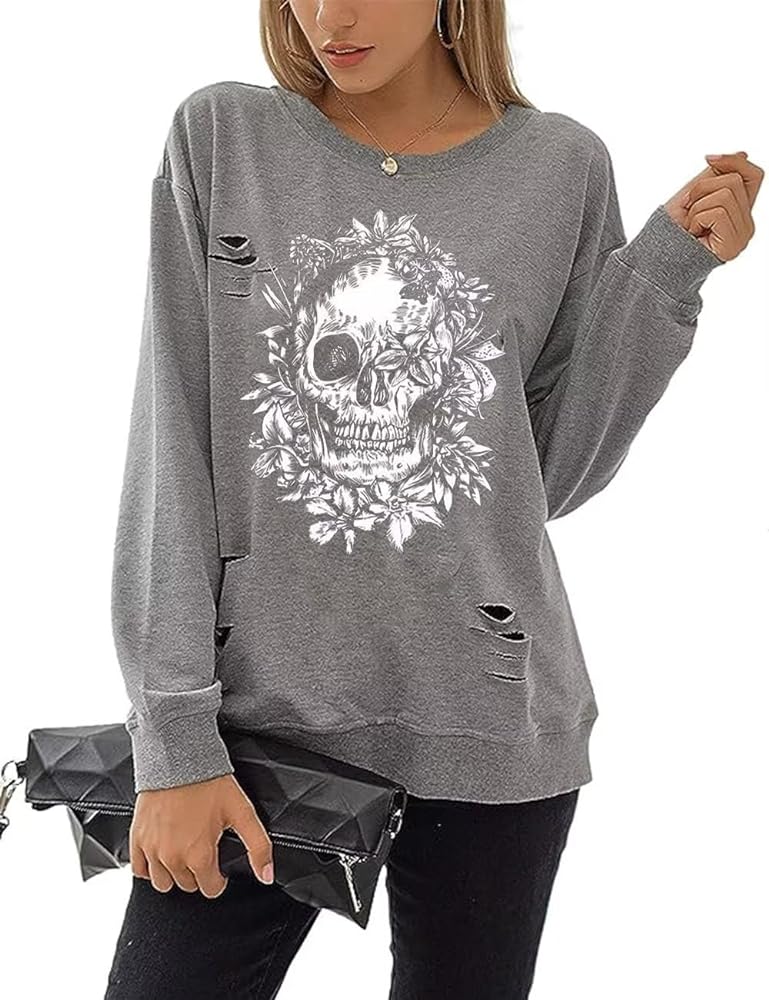 VKEGNIO Women's Cut Out Halloween Sweatshirt Gothic Skull Graphic Sweatshirt Long Sleeve Tshirts Crewneck Pullover Tops