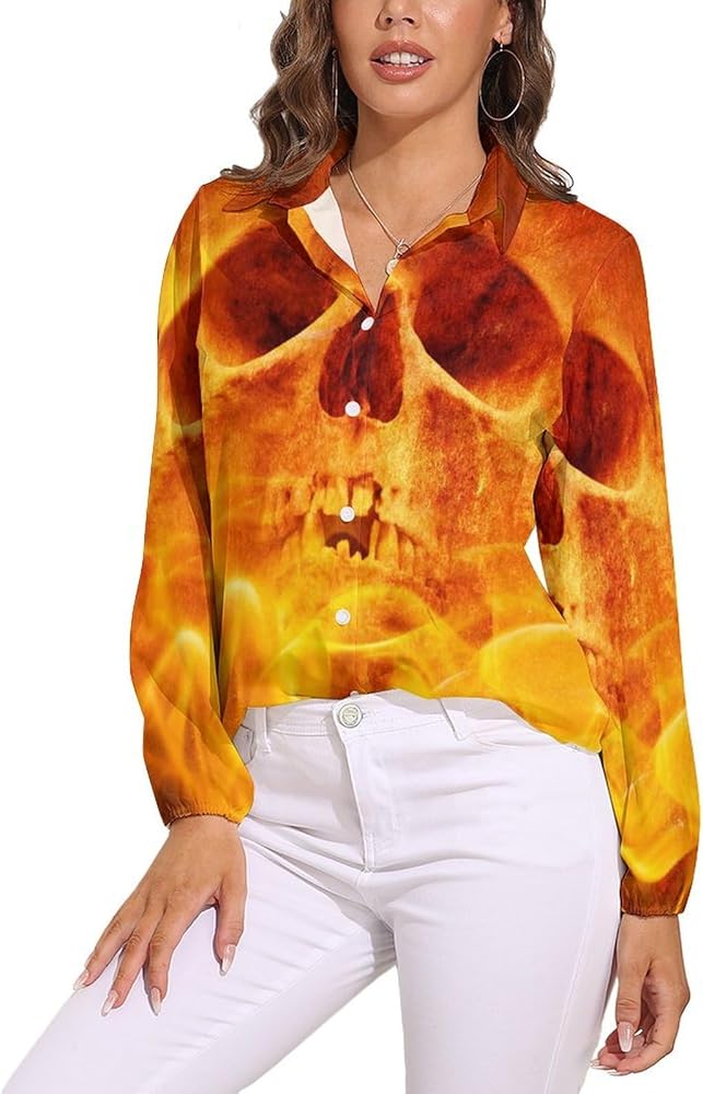 Fire Flaming Skull Women's Long-Sleeve Shirt Button Down Tees Blouse Vintage Casual Tops