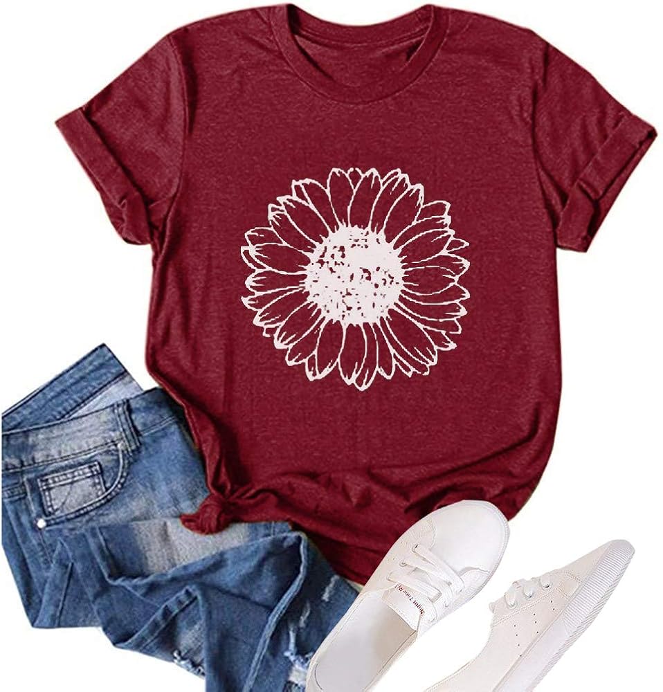 Women's Summer Sunflower T Shirt Cute Flower Graphic Loose Tees Crew Neck Short Sleeve Casual Tops