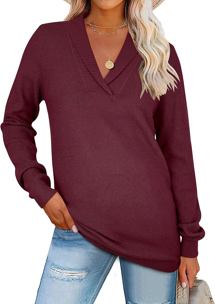 ANRABESS Womens Long Sleeve Polo V Neck Sweater Shirts Dressy Casual Knit Pullover Tops 2024 Fall Outfits