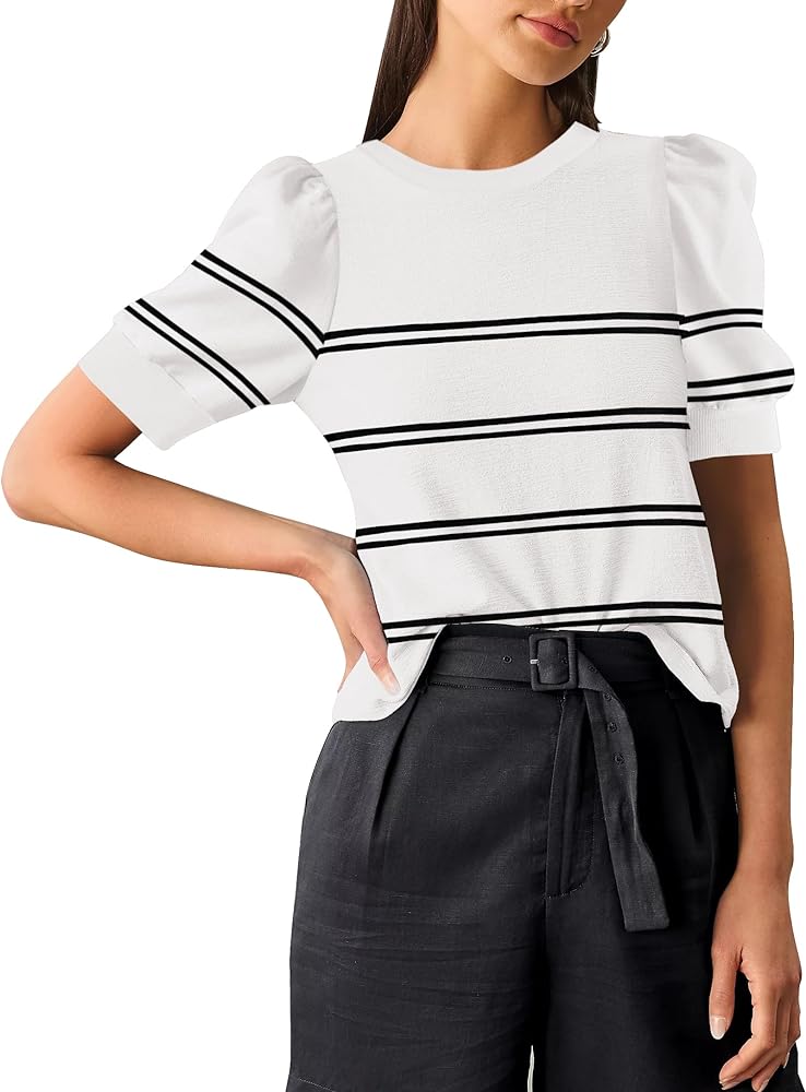 Women's 2024 Trendy Short Puff Sleeve Knit Tops Casual Crew Neck Stripe T-Shirts Summer Blouses