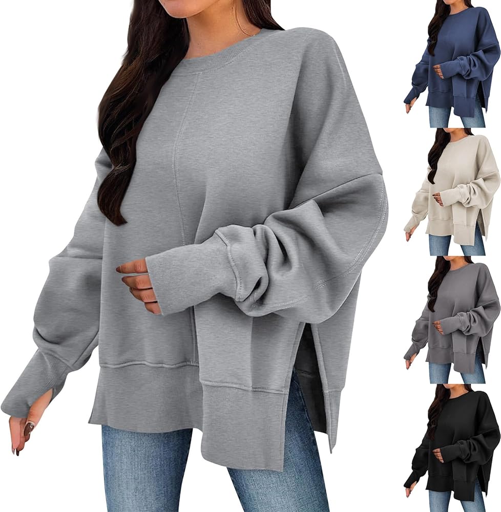 Oversized Sweatshirt for Women Loose Fit Crewneck Side Slit Draped Pullover Sweaters Casual Long Sleeve Comfrt Hoodies