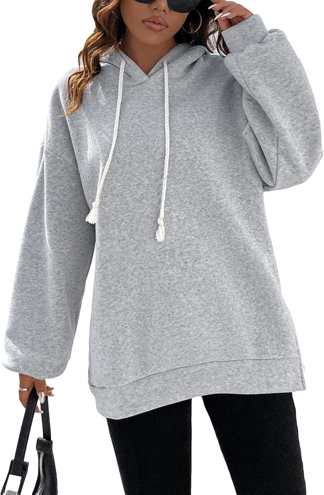 Floerns Women's Solid Long Sleeve Drop Shoulder Split Drawstring Hoodie Sweatshirt