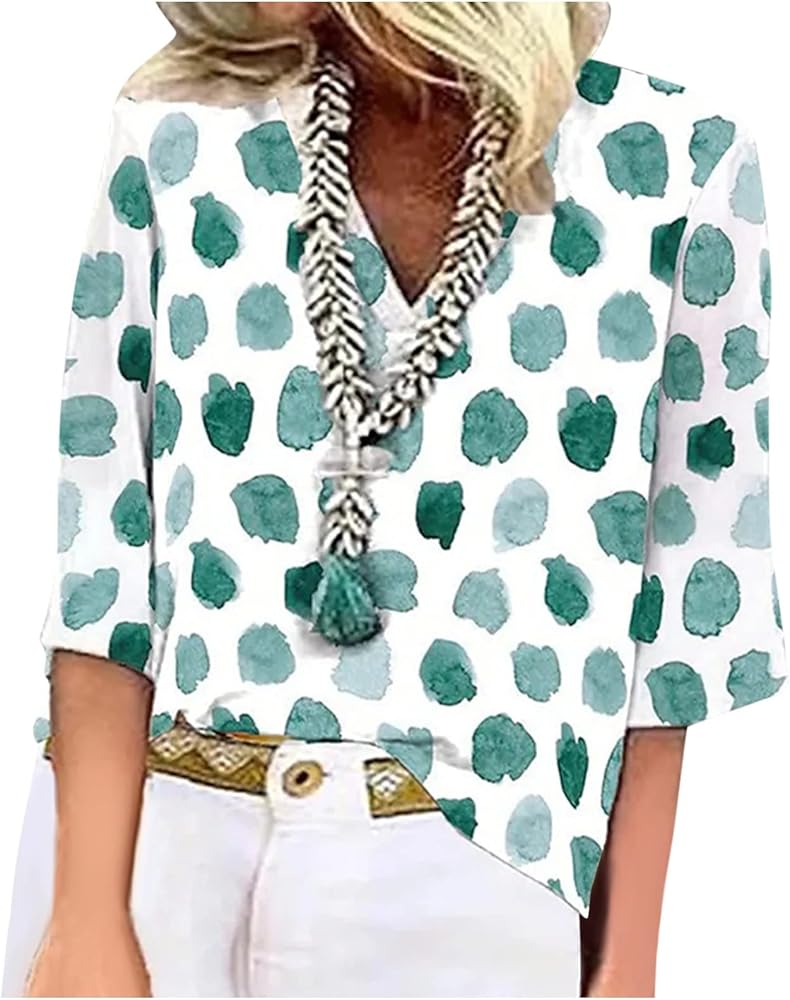 Women Clothing V Neck 3/4 Sleeve Shirts Loose Fit Casual Blouses Print Trendy Tunic Trendy Cute Tee