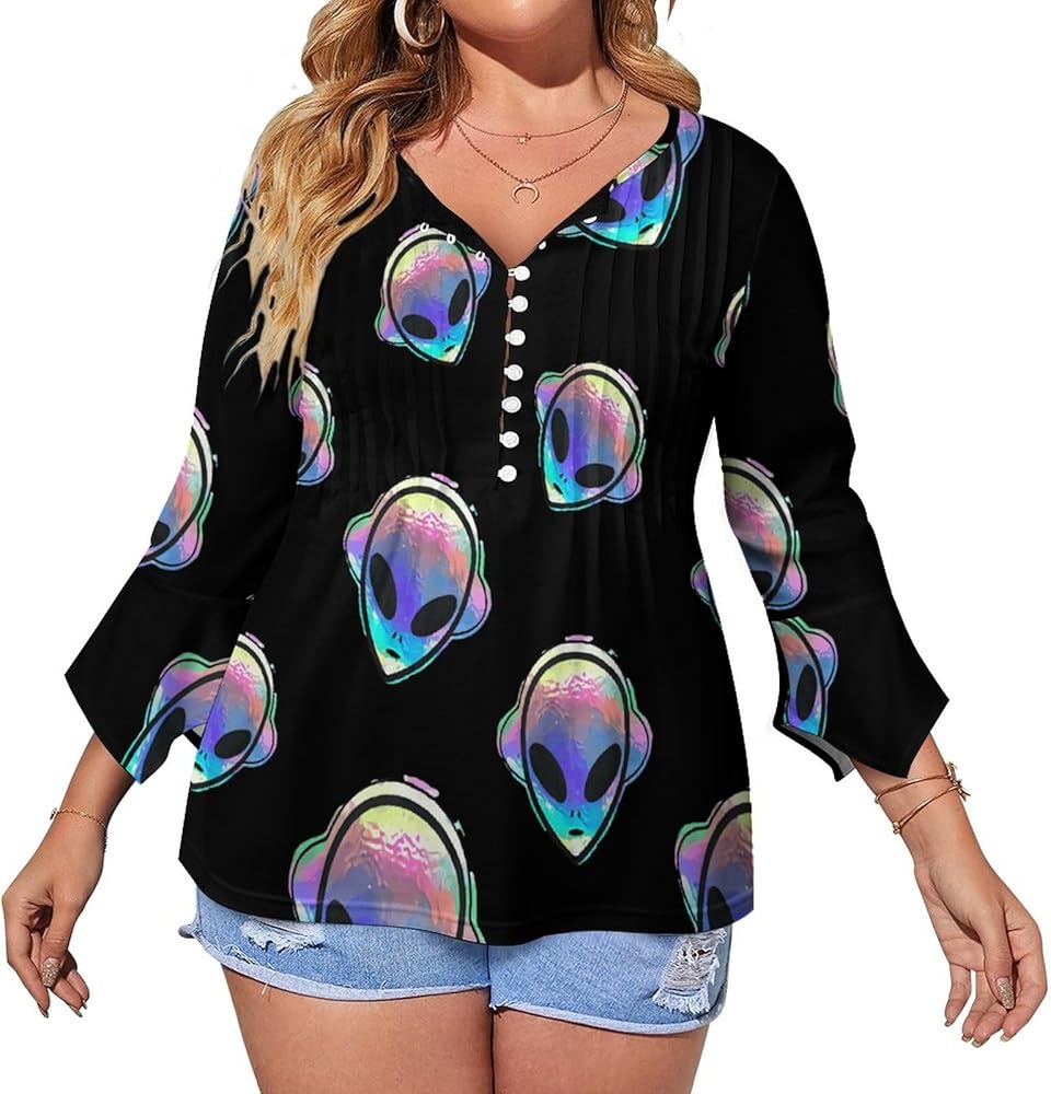 Alien with Headphone Cute Womens T-Shirts 3/4 Sleeve Button Down Tee Tops Blouse Summer Beach