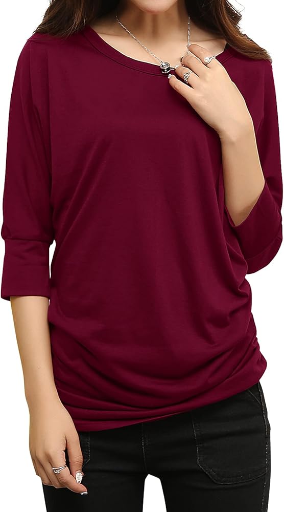 Match Women's Solid 3/4 Sleeve Crewneck T-Shirts Tops with Side Shirring