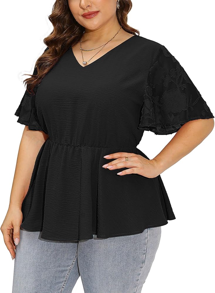 AusLook Women's Plus Size Tunic Short Sleeve Clothes V Neck Summer Tops Pleated Flowy Loose Fit Casual T Shirt 1X-5X