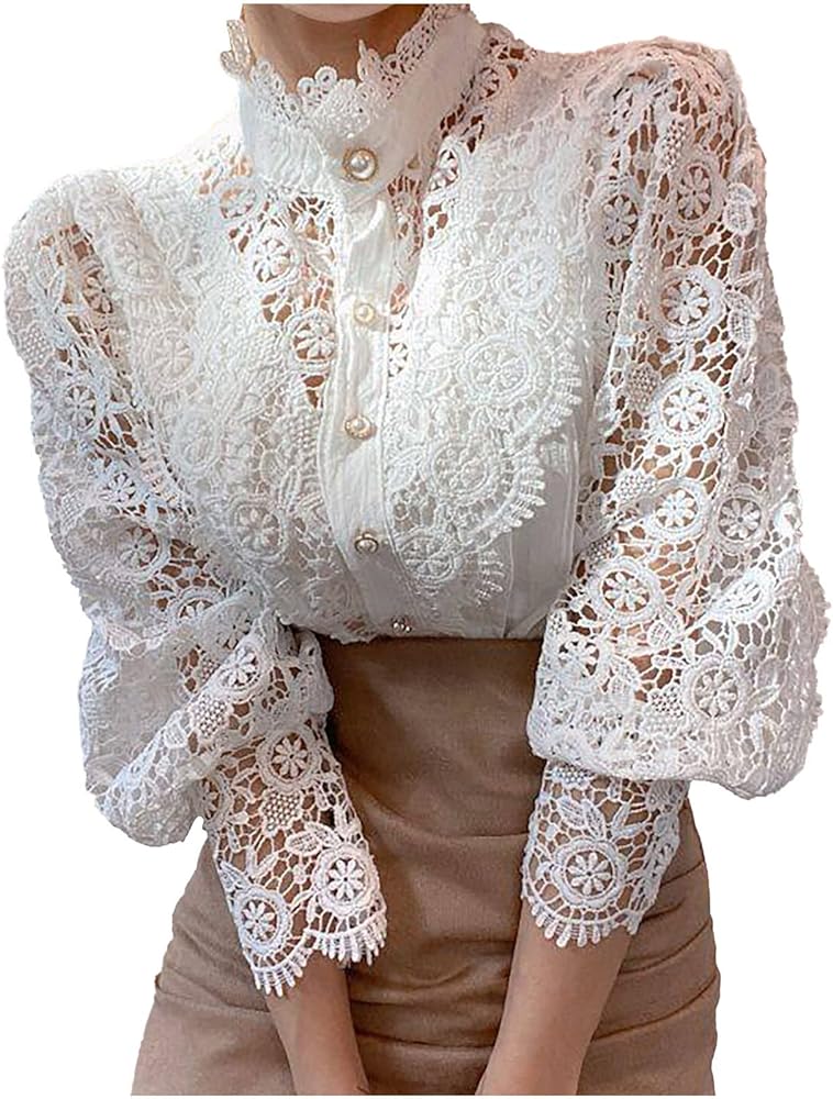 Women’s Sexy T-Shirts Stand Collar Lace Patchwork Shirts Casual Hollow Out Blouse Flower Petal Sleeve Button Tops