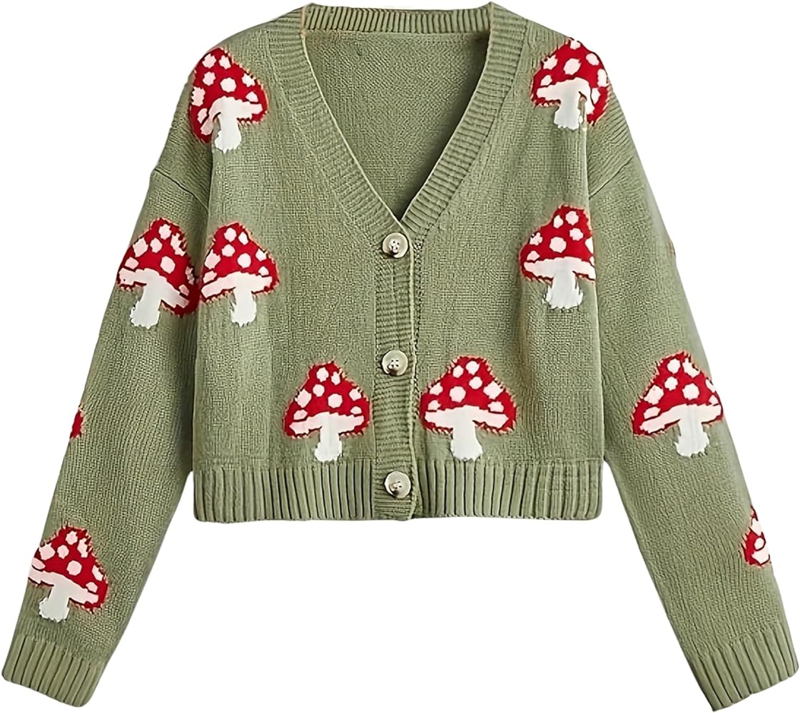 CORIRESHA Women's Cute Mushroom Cardigan Sweater Button Long Sleeve V Neck Knit Crop Outwear