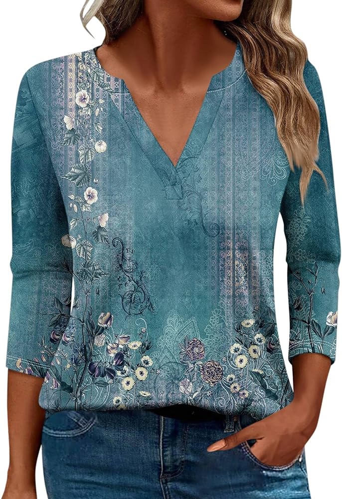 Womens 3/4 Sleeve Tops Summer Casual V-Neck Tshirt Ladies 2024 Floral Print Daily Tees Tunic Blouses