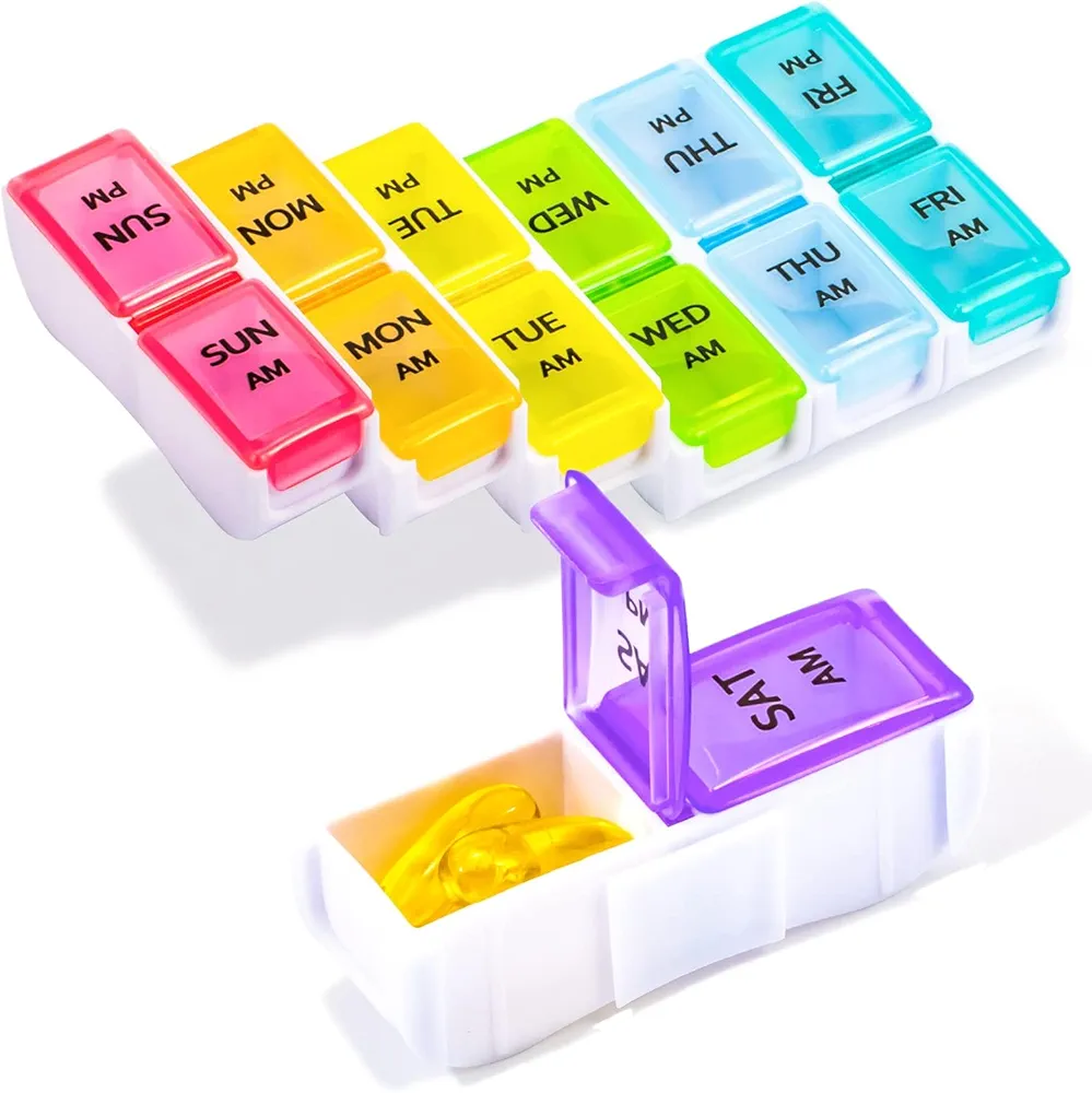 Pill Box 2 Times a Day, 7 Day Pill Box (With Multi-Language Labels) AM PM Pill Box Removable Weekly Pill Box Transparent Rainbow Lids Portable Travel Pill Box for