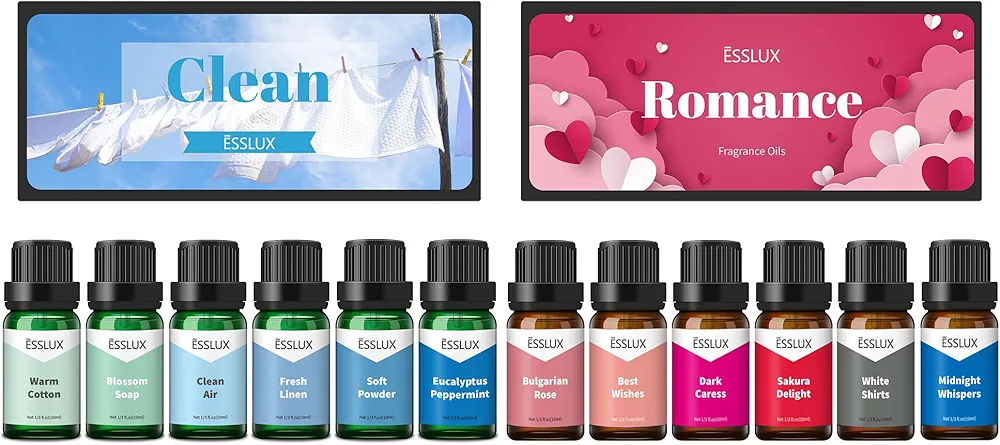 Fragrance Oil, ESSLUX Clean and Romance Collections Scented Oils, Soap & Candle Making Scents, Essential Oils Gift Set for Home Diffuser