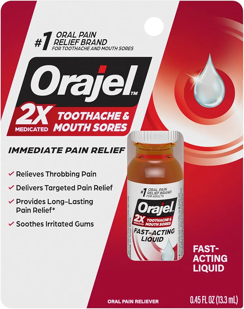 Orajel 2X Medicated Toothache & Mouth Sores Liquid, 0.45 Fl Oz