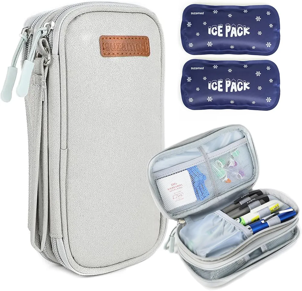 Insulin Cooler Travel Case, Double Layer Travel Medicine Kit Diabetes Travel Case, Portable Travel Medicine Organizer with 2Pack 150g Ice Pack TSA Approved for Insulin Pens Diabetic Supplies(Grey)