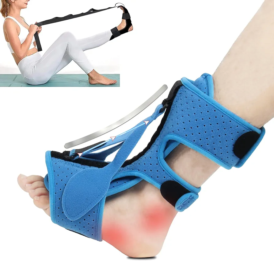 YOYINMIL Plantar Fasciitis Night Splint Set, 3 Adjustable Straps Foot Relief Brace, Support Relief Achilles Tendonitis and Foot Drop Day Night, Blue, with Calf Stretcher