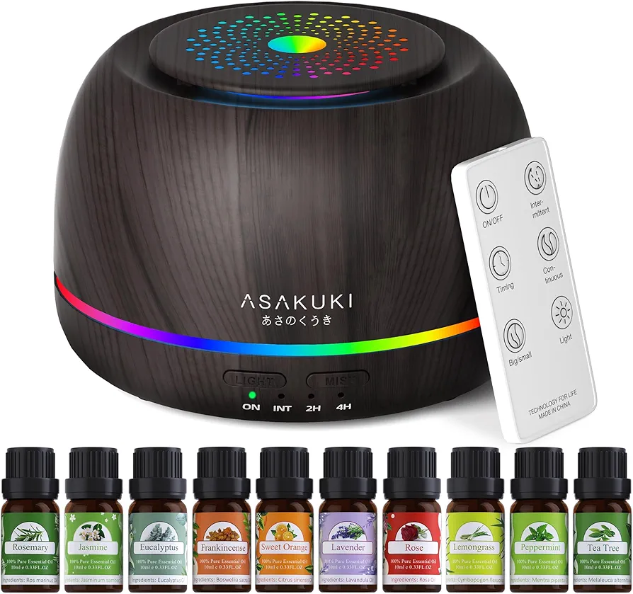 ASAKUKI Essential Oil Diffusers with 10Pcs*10ml Pure Essential Oil Gift Set, 5 in 1 Ultrasonic 300ML Aromatherapy Fragrant Oil Humidifier Vaporizer with Remote Control, Timer and Auto-Off-Black