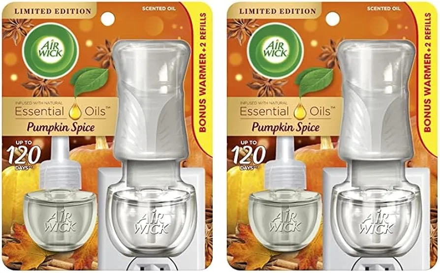 Air Wick Plug in Scented Oil Starter Kit (Warmer + 2 Refills), Pumpkin Spice, Fall Scent, Essential Oils, Air Freshener (Pack of 2)