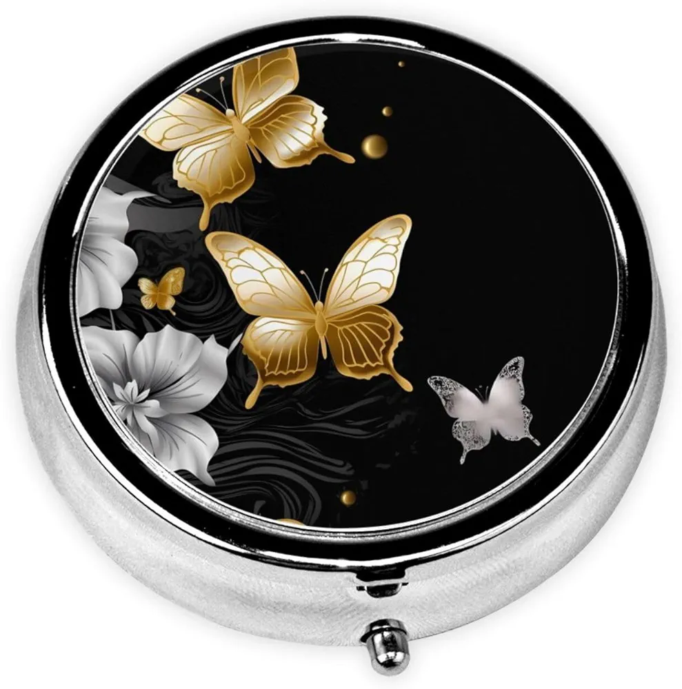 Gold White Butterflies Black Pill Box 3 Compartment Metal Pill Case Portable Travel Pill Organizer for Pocket or Purse Decorative Round Medicine Box Vitamin Container