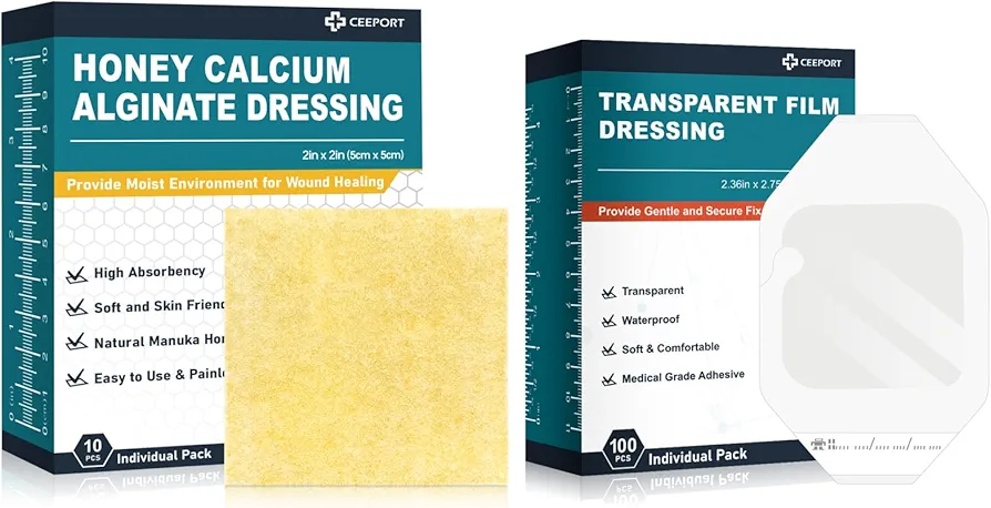 Manuka Honey Calcium Alginate Dressing 2" x 2" 10 Pack+Transparent Film Dressing 2.36" x 2.75" 100 Pack