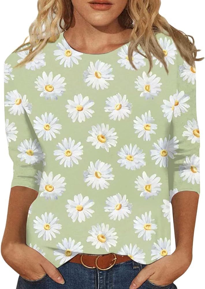 Shirts for Women 3/4 Length Sleeve Crewneck Tops Summer/Fall Loose Casual Sunflower Printed Three Quarter Cute Blouse