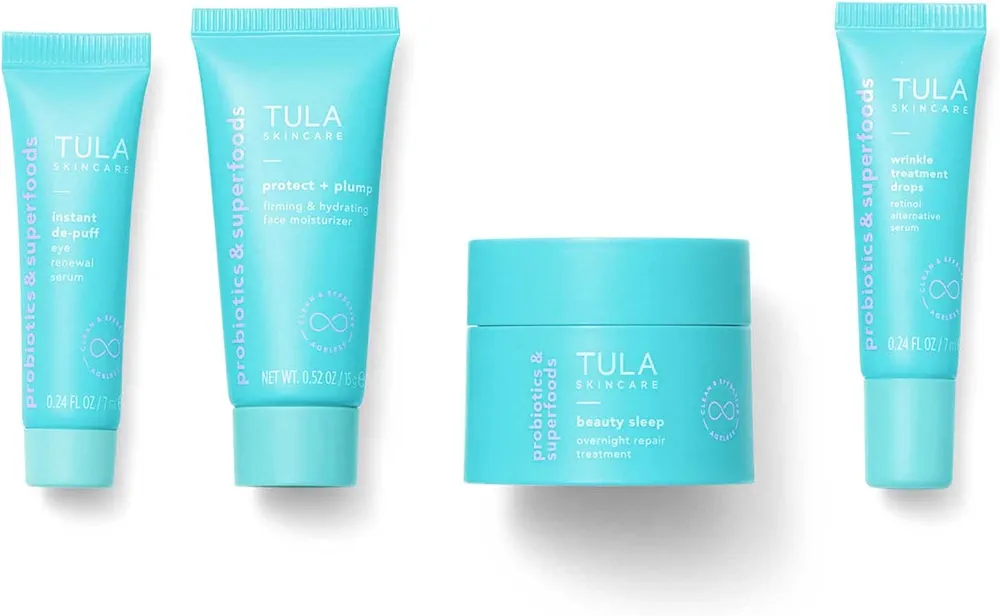 TULA Skin Care Your Best Skin At Every Age Firming & Smoothing Discovery Kit, New Packaging - Wrinkle Treatment, Face Moisturizer, Eye Serum and Overnight Repair Treatment, Anti-Aging, 4-Piece Kit