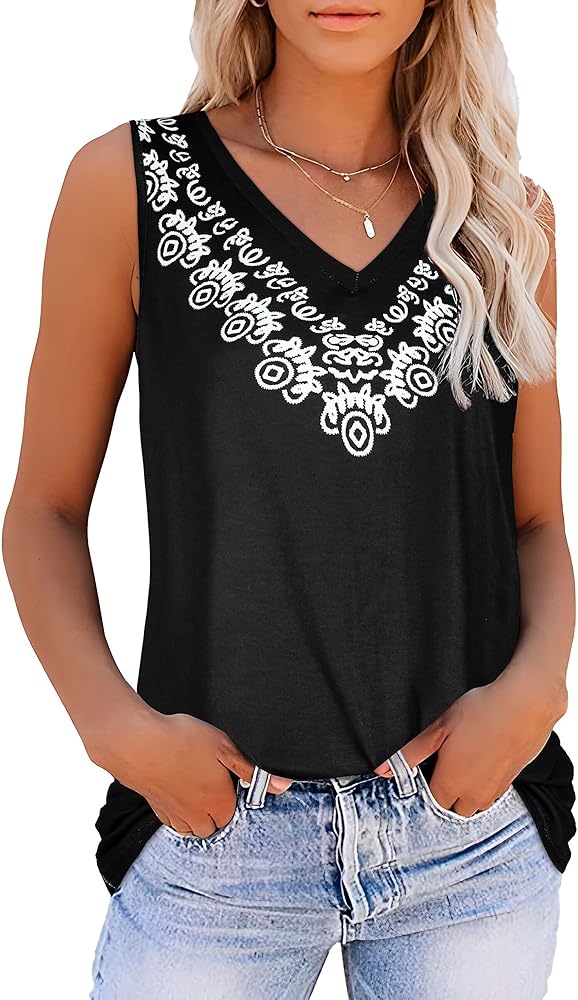 Summer Tops for Women Sleeveless V Neck Tshirt Loose Fit Casual Tank Tunic Blouse