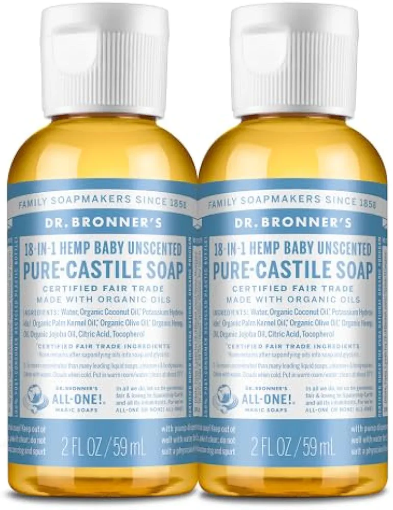 Dr. Bronner's - Pure-Castile Liquid Soap (Baby Unscented, 2 ounce, 2-Pack) - Made with Organic Oils, 18-in-1 Uses: Face, Body, Hair, Laundry, Pets and Dishes, Concentrated, Vegan, Non-GMO