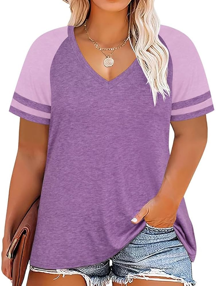 RITERA Plus Size Tops for Women Summer Short Sleeve V Neck Shirts Color Block Tshirts Casual Sexy Tees Tunics Blouses Purple 2XL 18W 20W