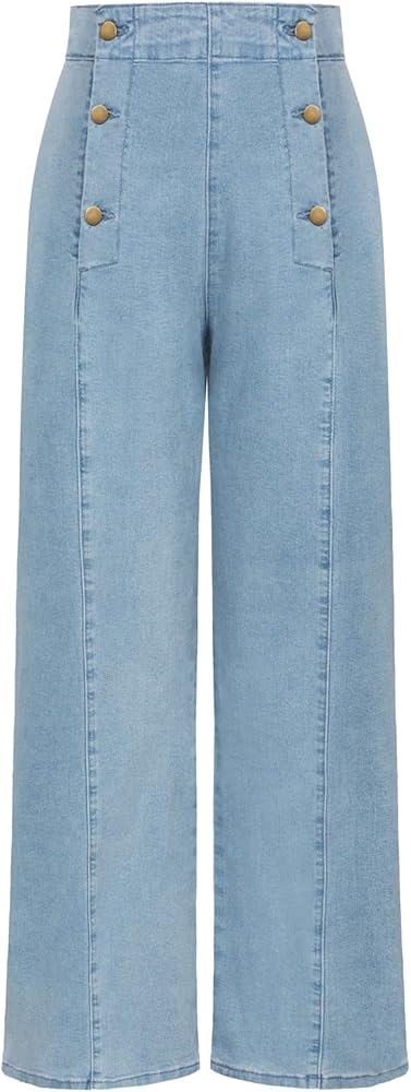 Belle Poque Women's High Waisted Wide Leg Jeans Button Decorated Casual Stretchy Demin Pants with Pockets