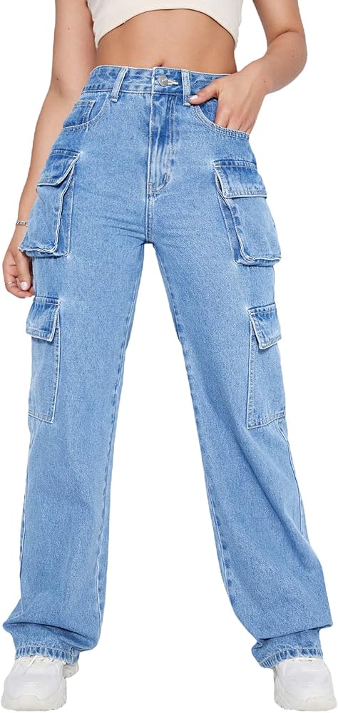 MakeMeChic Women's High Waist Cargo Jeans Flap Pocket Straight Leg Denim Pants