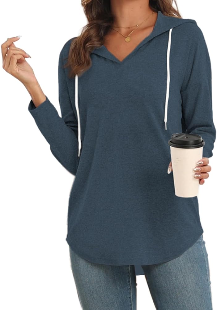 Poetsky Hoodies for Women V Neck Long Sleeve Lightweight Sweatshirts Drawstring Pullover Tops