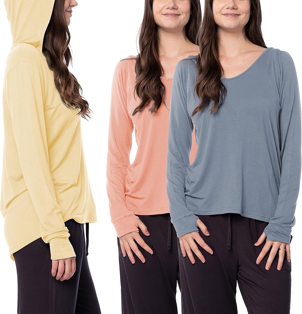 Sexy Basics Women's 3 Pack Long Sleeve Hoodie | V Neck Shirt with Thumb Hole Lightweight Active Top