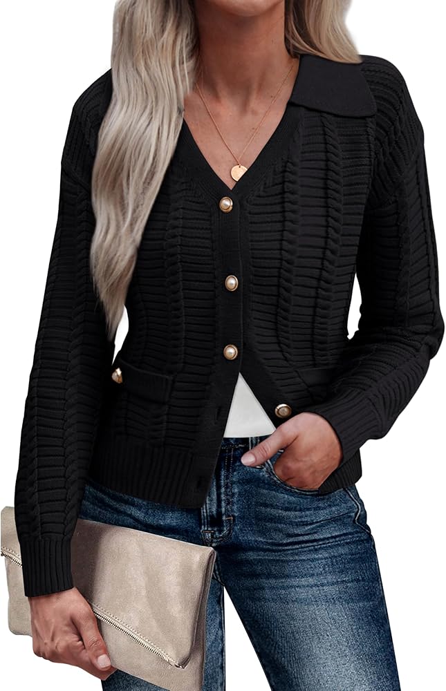 GRACE KARIN Women's 2024 Knit Cropped Cardigan Sweaters Long Sleeve Open Front Button Down V Neck Tweed Jacket Cardigan