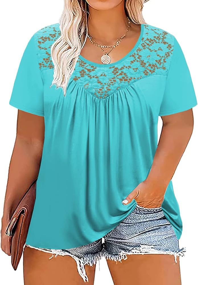 VISLILY Women's-Plus-Size-Tops Summer Lace Tee Shirts Short Sleeve Tunics Flowy Pleated Blouses XL-4XL