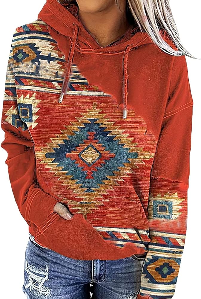 Western Tops for Women Aztec Hoodie Cow Girl Long Sleeves Pullover Vintage Graphic Ethnic Shirt